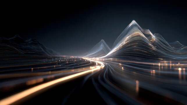 Abstract data flow over futuristic mountains