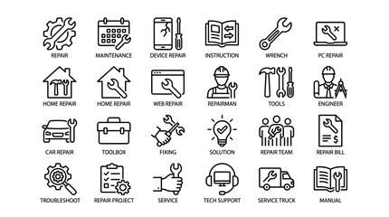 Fototapeta premium Collection of line-art icons depicting home improvement, repairs, and handyman services for property maintenance and DIY projects.