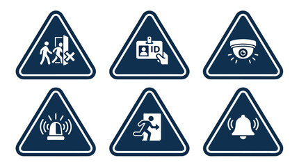 Obraz premium Collection of six blue triangular warning signs depicting security and safety icons for access control and emergency