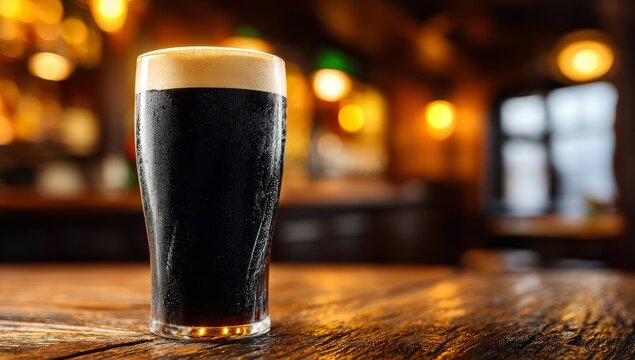 A glass of dark beer rests on the bar counter, bubbles rising in the liquid. The pub interior shows blurred bottles and lights, no people present, a still life