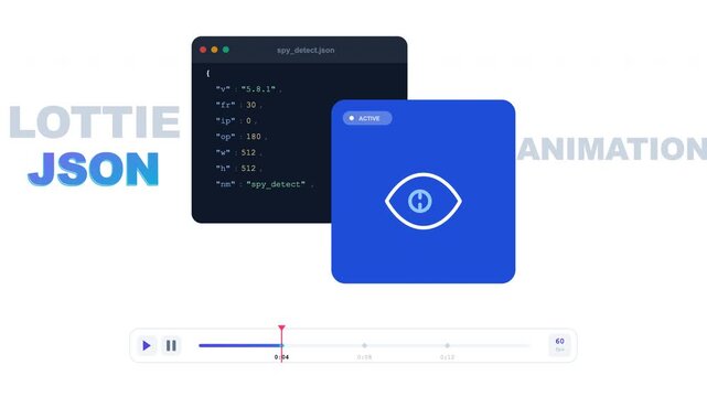 Animated Lottie JSON interface with curved motion path, play button, and progress timeline. Ideal for UI animation, app development, motion graphics, and interactive media design.