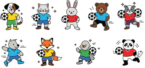 Obraz premium Adorable Animal Soccer Mascot Character Set Featuring Dog Cat Rabbit Bear Fox Panda and Wolf for Kids Sports Branding Educational Material and Creative Commercial Design Projects