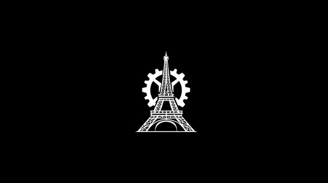 A white silhouette of an iconic landmark with a gear behind it, set against a black backdrop