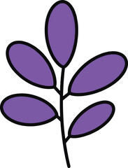 Naklejka premium Simple purple plant sprig with six oval leaves and a bold black outline.