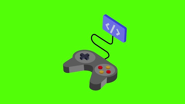 Isometric game controller with coding symbol on green screen background for chroma key 4k animation video