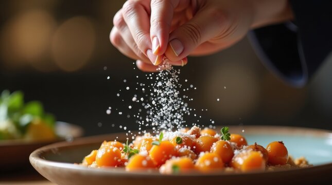 Una mano esparciendo sal sobre un plato salado