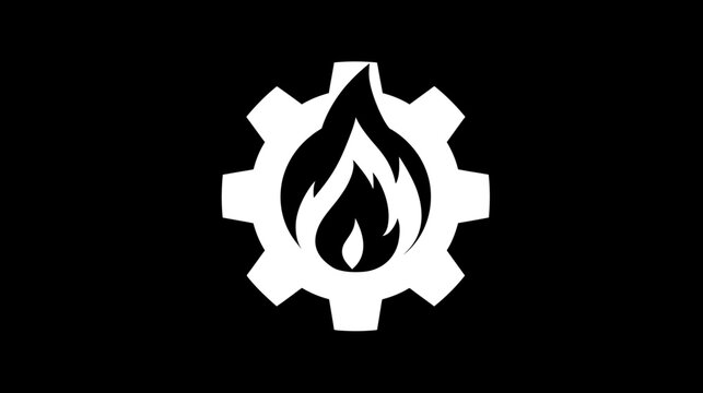 A white gear with flames in the center set against a black background. Minimalist design