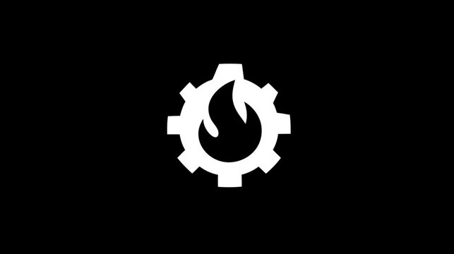 A white gear with a flame in the center, set against a stark black background