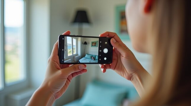 Manos femeninas sosteniendo un tel&eacute;fono inteligente desde un &aacute;ngulo de perspectiva &uacute;nico