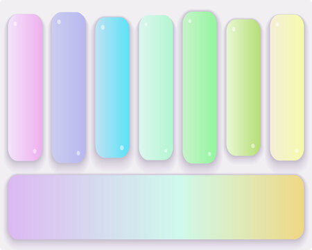 Pastel gradient button set with glossy glass finish, colorful rounded rectangle UI elements for web design, 8 modern glassy plastic bars for mobile app interface and navigation