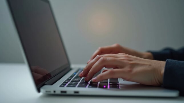 Manos tecleando en un elegante teclado de port&aacute;til con teclas retroiluminadas