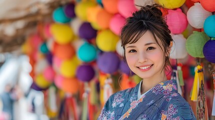 Fototapeta premium Young Woman in Kimono at a Colorful Festival / カラフルな祭りで着物を着た若い女性