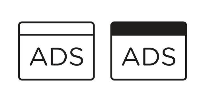 Ads icon design, logo, app, template set. Black icons
