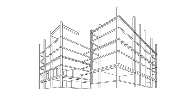 3D building construction concept illustration with architecture blueprint design and urban structure model