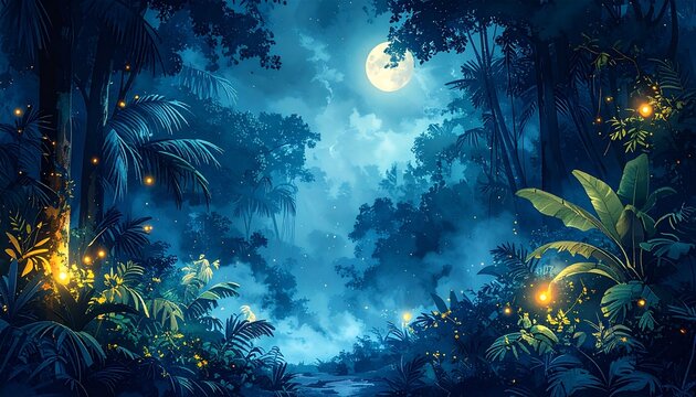 A dreamy watercolor jungle at night with dense tropical foliage, glowing fireflies