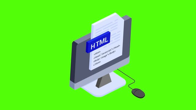 Isometric HTML code on desktop computer screen icon on green screen for chroma key 4k animation video