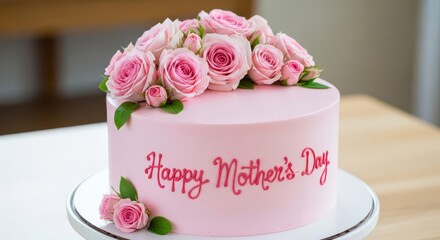 Naklejka premium Pink mother?s day cake with fresh roses, floral decoration, and festive message on wooden table flowers