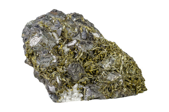 High-quality studio shot of raw green Epidote crystals on rock. Detailed macro photography of the prismatic structure and pistachio color, perfect for mineralogy and geology education.