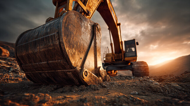 Industrial excavator digging in rocky soil at sunset with detailed focus on large steel bucket and blurred mountains in background