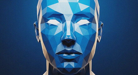The futuristic illustration depicts a blue robotic face with geometric shapes on a dark blue background