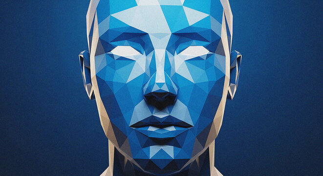 The futuristic illustration depicts a blue robotic face with geometric shapes on a dark blue background