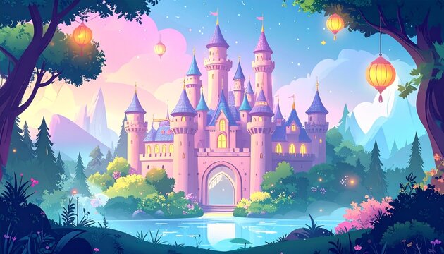 A magical cartoon castle surrounded by enchanted forest trees, floating lanterns