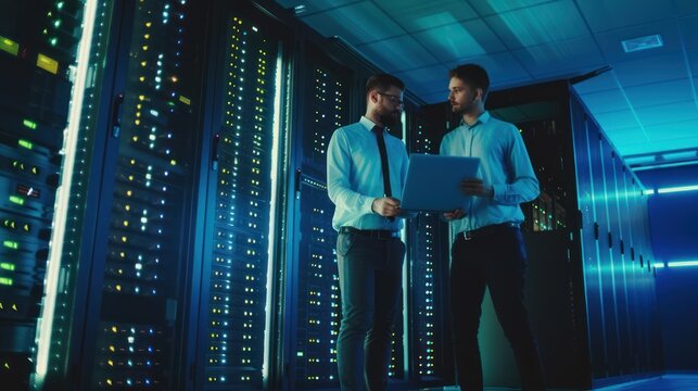 Two Male It Professionals Analyzing Data in Data Center with Server Racks and Blue Lighting