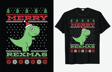 Festive t shirt design featuring a dinosaur in a christmas sweater pattern t-shirt template © Abdul