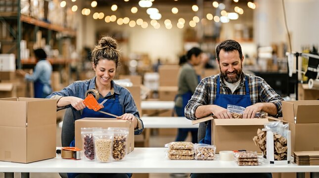 Two Caucasian workers packing food products into cardboard boxes at a bright warehouse, with shelves of supplies and other employees visible in the background