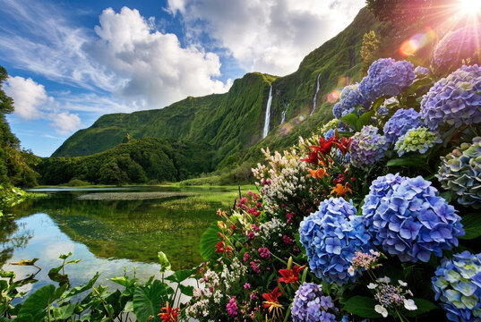 Natural landscape with colorful hydrangeas by the lake at Po&ccedil;o da Ribeira do Ferreiro, Flores Island, Azores