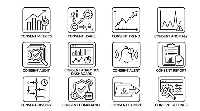 Comprehensive Consent Management System Icons for Data Privacy and Compliance.