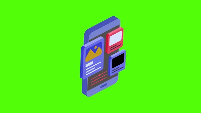 Isometric mobile app interface with UI cards on green screen background for chroma key 4k animation video