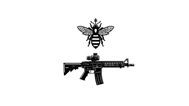 A bee and rifle illustration, rendered in black, placed against a white background