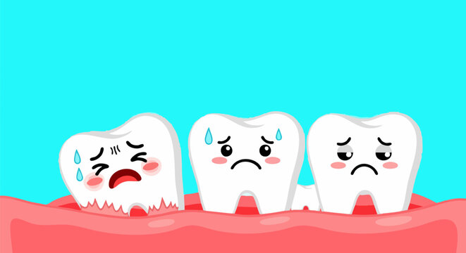 Kawaii tooth character with toothache and gum inflammation, sad cartoon teeth in pain, dental health and gingivitis concept vector