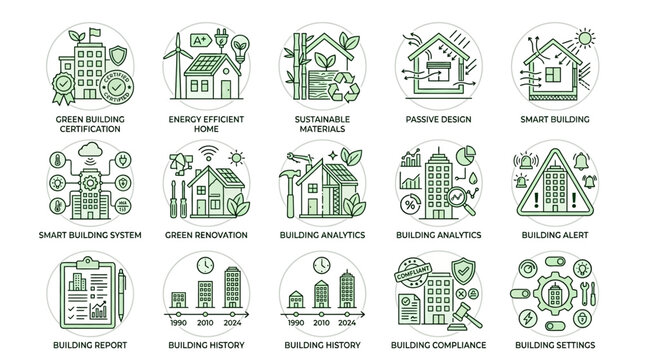 Green Building and Smart Home Technology Line Icons Set.