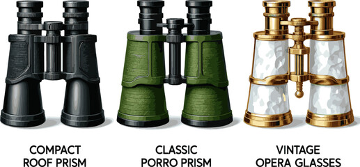 Create a realistic kinds of deferent Binoculars vector art with white background.. © al