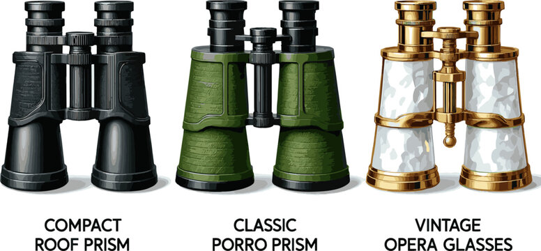 Create a realistic kinds of deferent Binoculars vector art with white background..