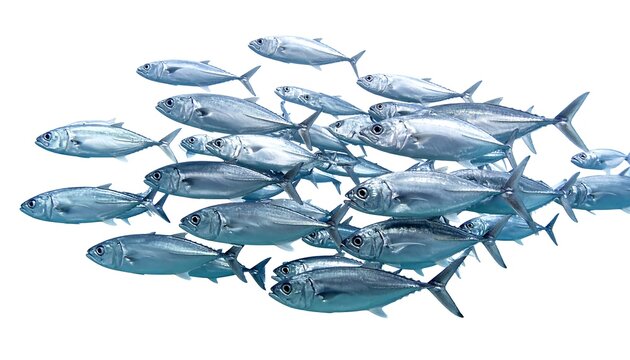 A school of metallic-colored fish swims together, creating a dynamic, flowing form against a clean white background