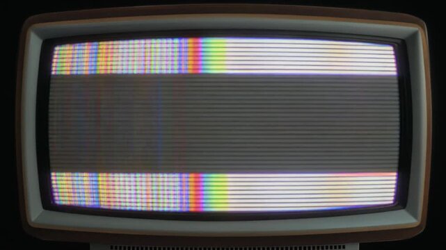 Retro Television Screen Displaying Colorful Glitch, Static Noise, and Horizontal Line Interference