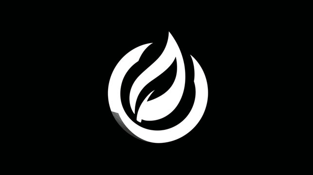 A white leaf design in a circle on a black background, with a drop shadow effect