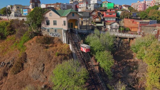 Aerial View Of Ascensor Baron Valparaiso Funicular Climbing Hillside Chile Urban Heritage
