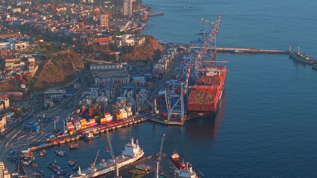 Aerial Sunrise Over Valparaiso Port Cargo Ship Container Terminal Chile Golden Light