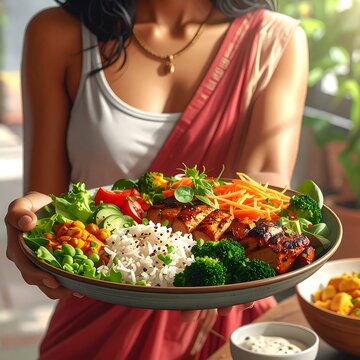 A woman holds a plate of food