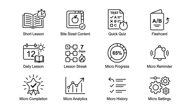 Set of twelve hand drawn education and learning micro learning icons.