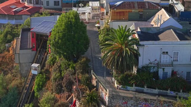 Aerial fly above Valparaiso Chile residential neighborhood above Paseo Gervasoni and Concepci&oacute;n Railway