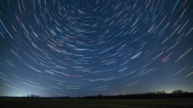 Circular Star Trails in Dark Night Sky Over Rural Landscape
