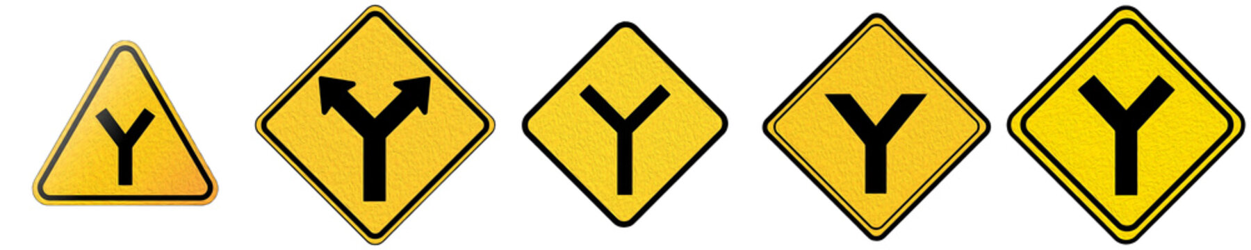Set of Y-Junction and Fork Road Warning Signs Isolated on White Background PNG: Vibrant Yellow Diamond Traffic Icons for Highway Navigation and Road Safety Design Assets.