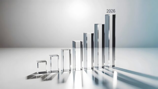 Transparent 3D bar graph with tallest 2026 bar - for market trend infographics