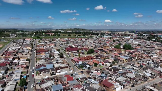 Aerial drone view of the cityscape of Soweto, Johannesburg, South Africa.