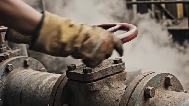 Industrial worker hand glove turning rusty metal valve pipe with steam, rust maintenance safety factory, heavy industry machinery engineering manual control industrial worker hand glove red wheel